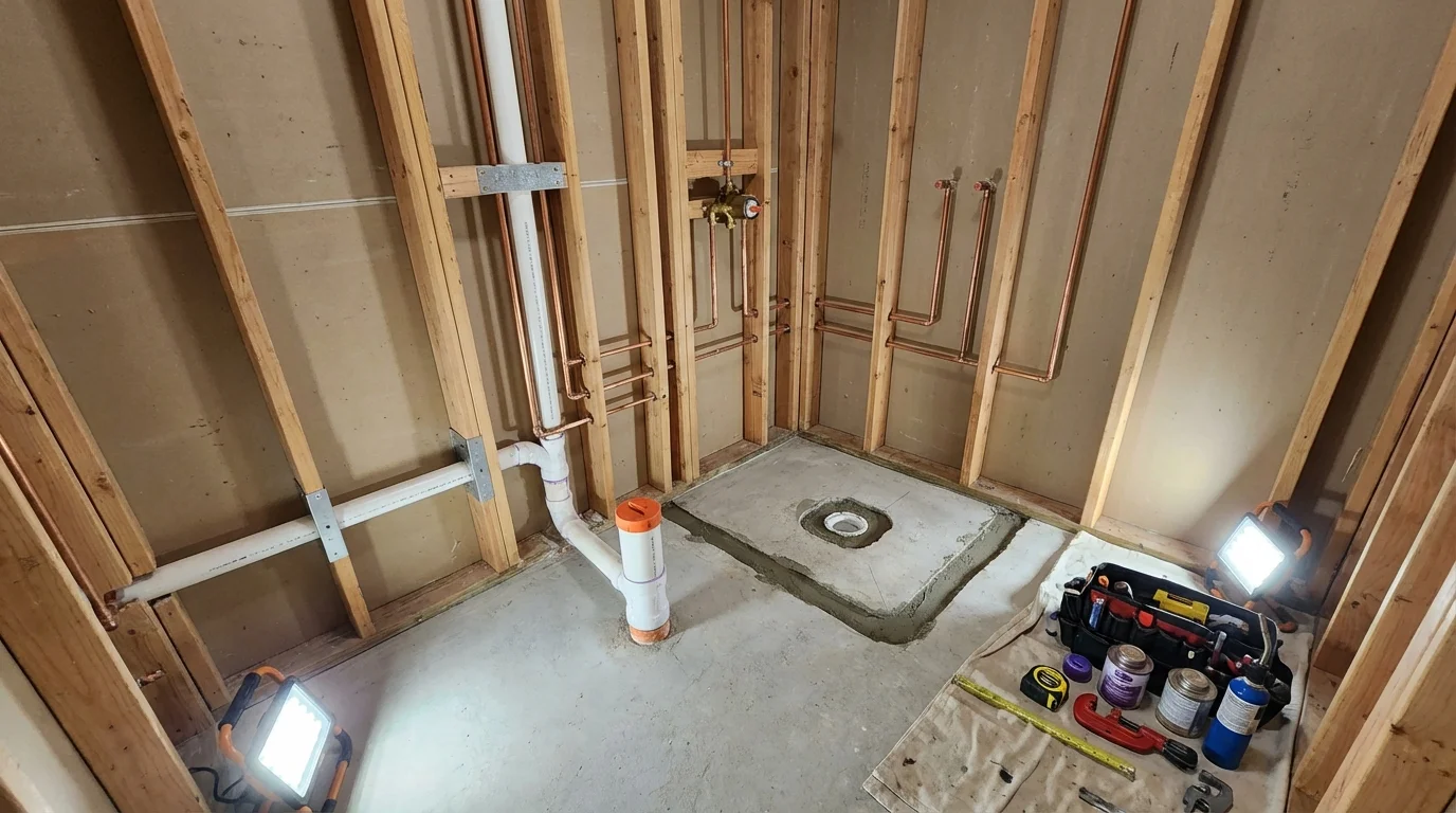 Bathroom rough-in plumbing during remodel by Johns Plumbing LLC in Central Square
