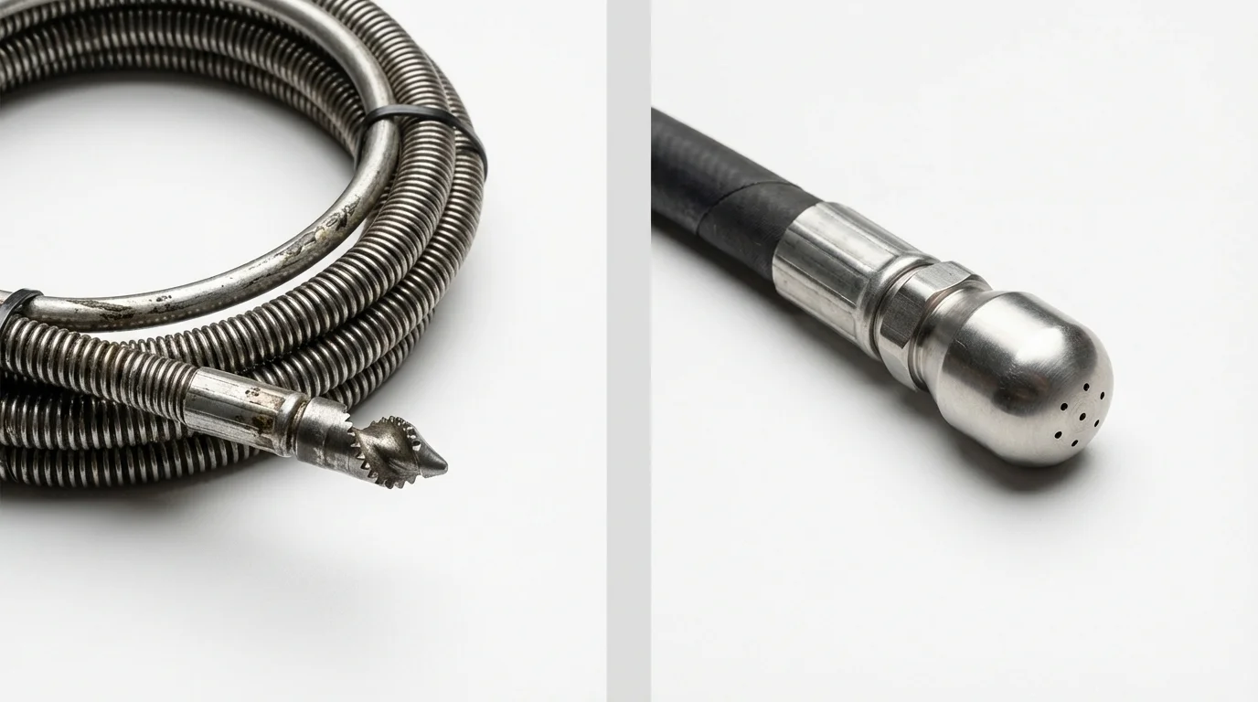 Drain snake cable and hydro jetting nozzle used for drain cleaning in Central Square, NY