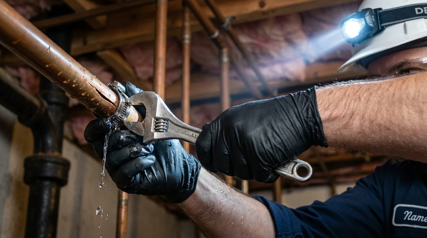 Emergency pipe clamp repair being performed by a Johns Plumbing LLC plumber in Central Square