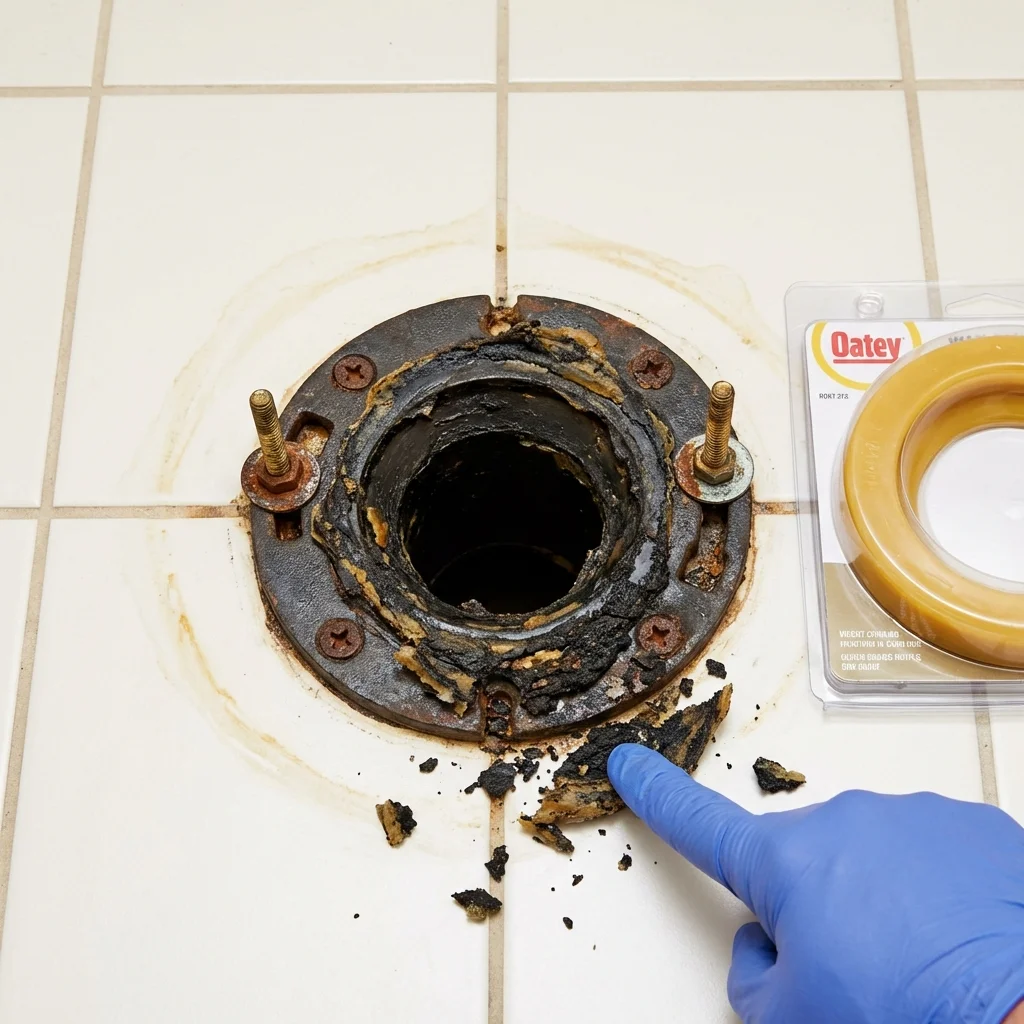 Failed wax ring showing water seepage at the base of a toilet in a Central Square, NY home