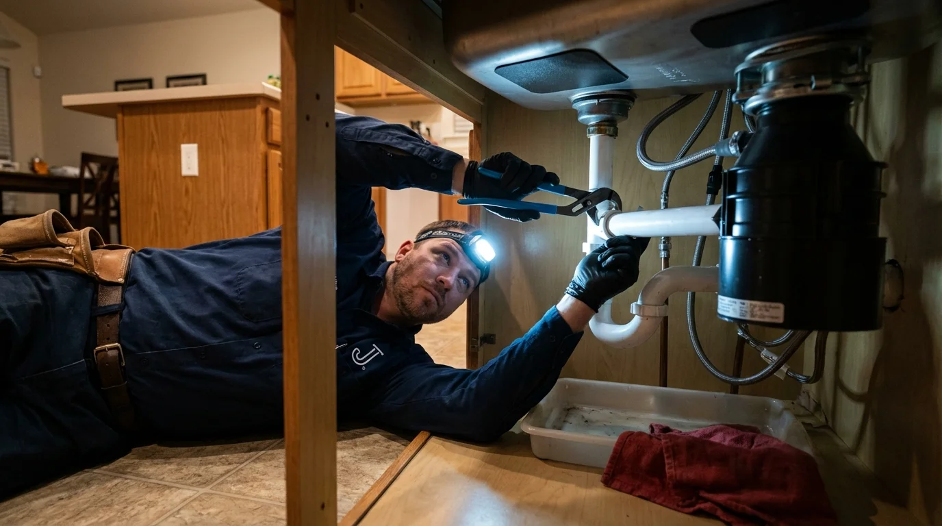 P-trap and supply line connections under a kitchen sink showing a common leak point in Central Square, NY